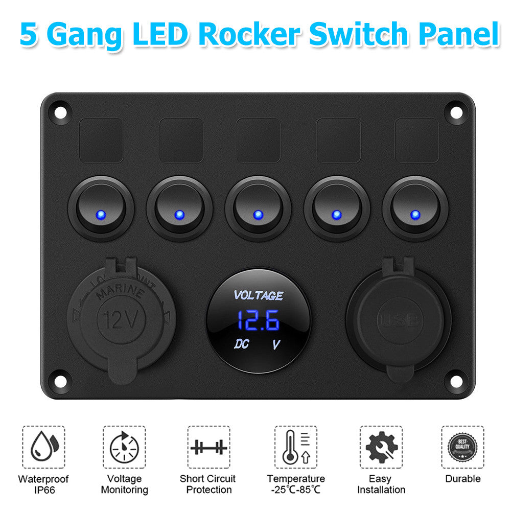12V  Panel USB Charger 5 GANG ON-OFF Toggle LED Rocker For Car Boat Marine