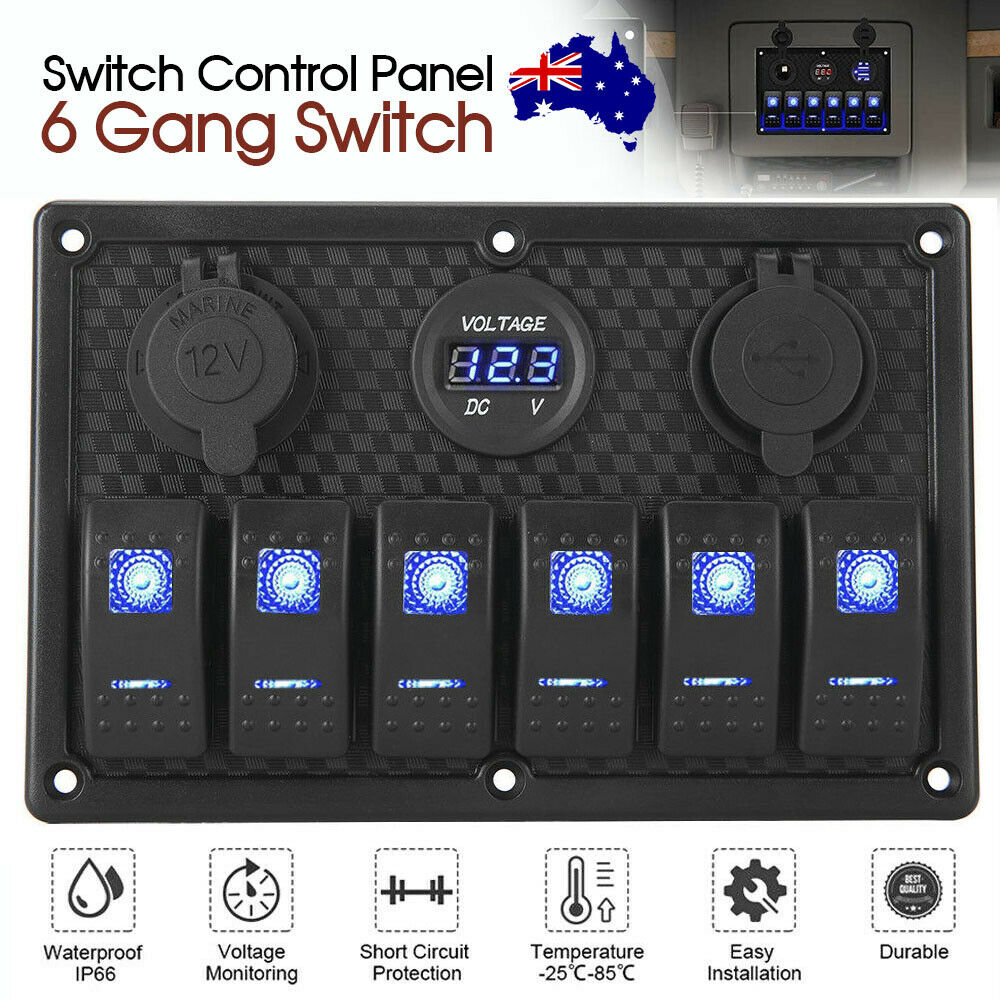 6 Gang 12V S Witch Panel LED Light Rocker Circuit Breaker For Car RV Boat Marine