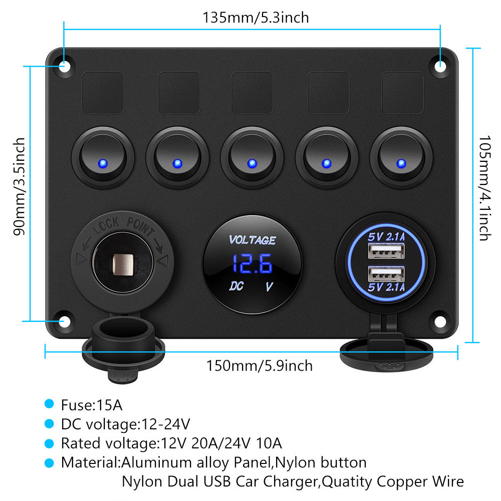 12V  Panel USB Charger 5 GANG ON-OFF Toggle LED Rocker For Car Boat Marine