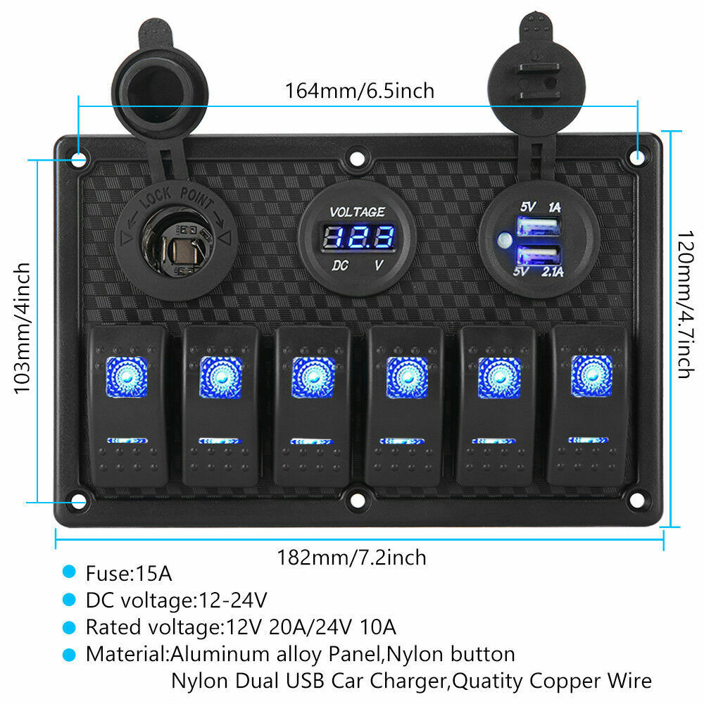 6 Gang 12V S Witch Panel LED Light Rocker Circuit Breaker For Car RV Boat Marine
