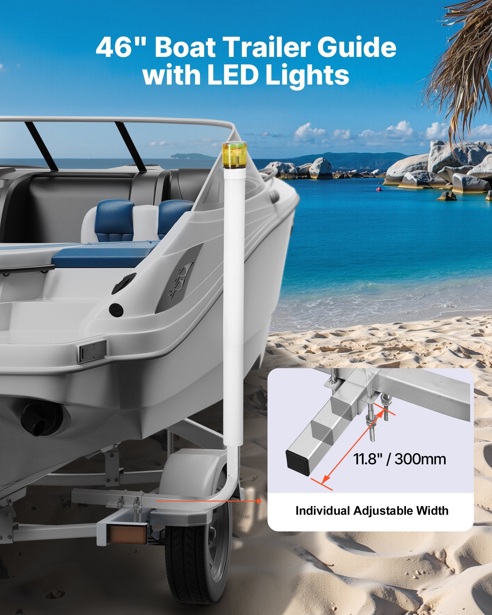 Boat Trailer Guide, 46 In With LED Light Trailer Guide Poles, 2PCS High-Hardness Steel Guide-Ons, Wide Adjustable Trailers Guides With PVC Pipes, For Ski Boat, Fishing Boat Or Sailboat Trailers