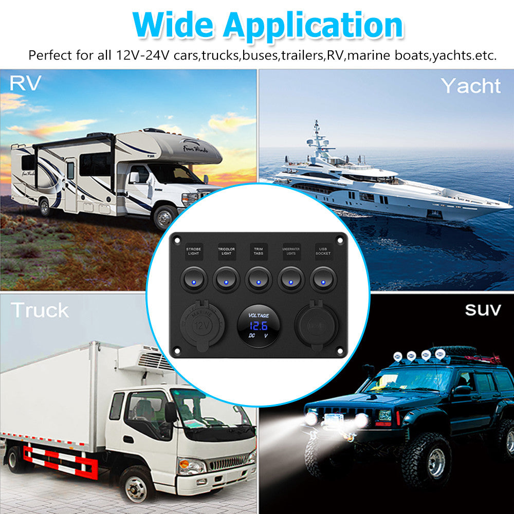 12V  Panel USB Charger 5 GANG ON-OFF Toggle LED Rocker For Car Boat Marine