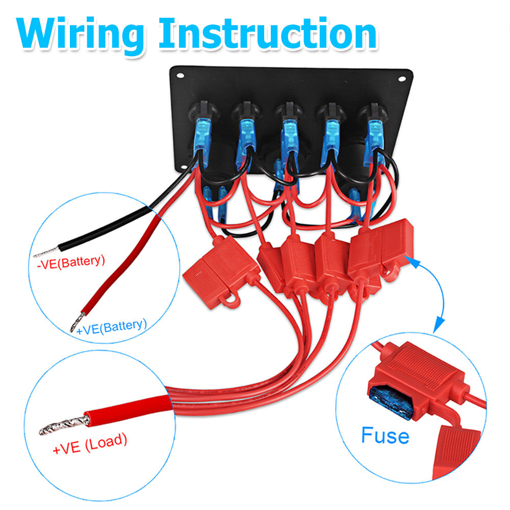 12V  Panel USB Charger 5 GANG ON-OFF Toggle LED Rocker For Car Boat Marine