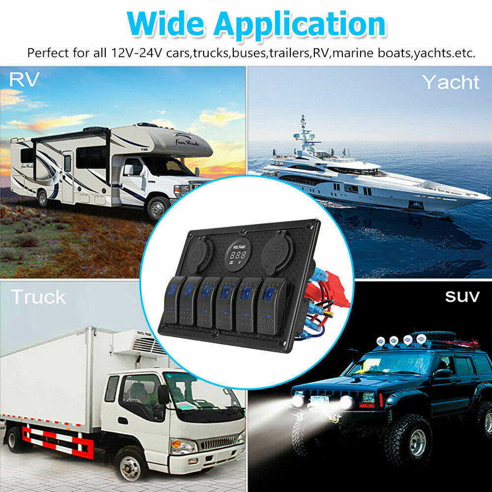 6 Gang 12V S Witch Panel LED Light Rocker Circuit Breaker For Car RV Boat Marine