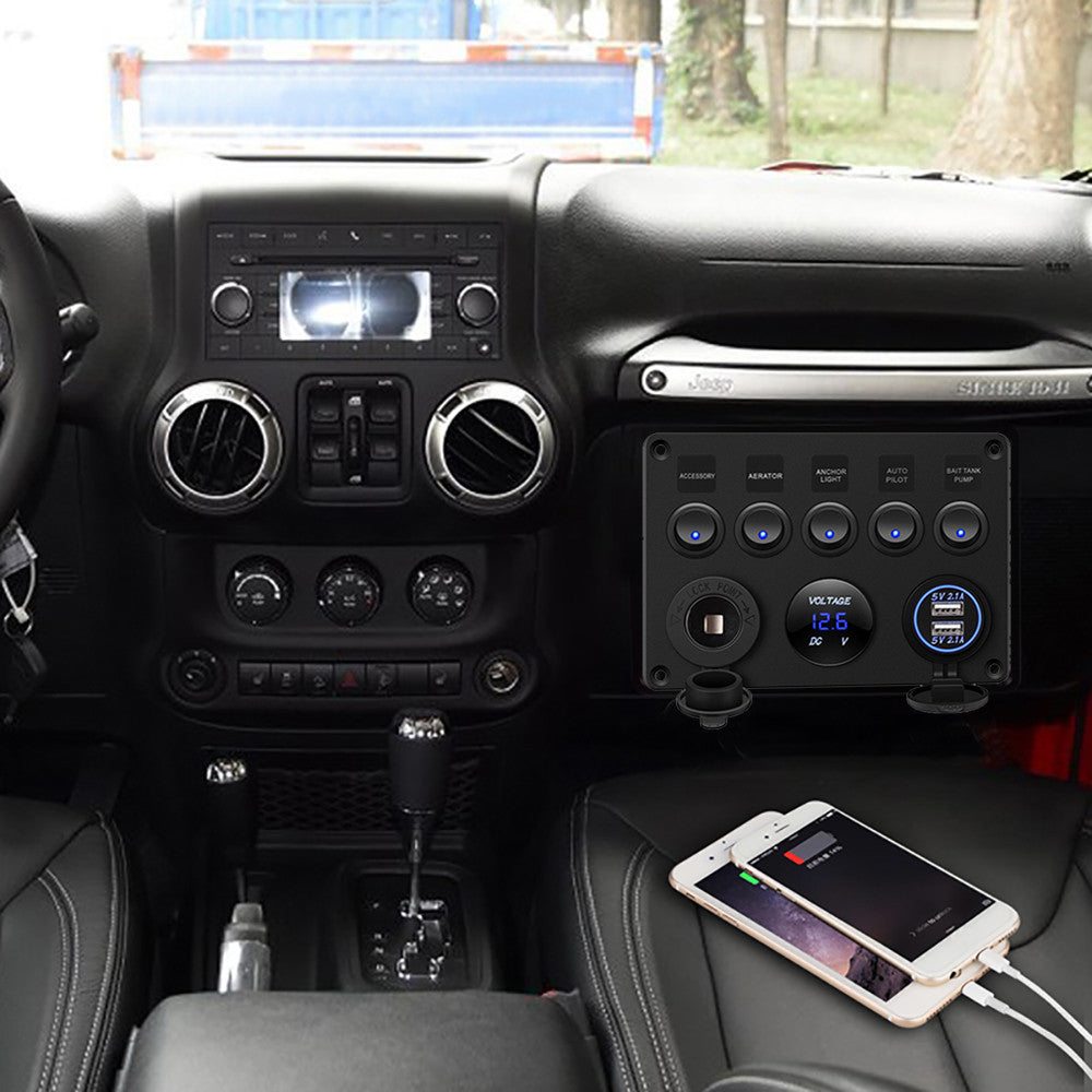 12V  Panel USB Charger 5 GANG ON-OFF Toggle LED Rocker For Car Boat Marine