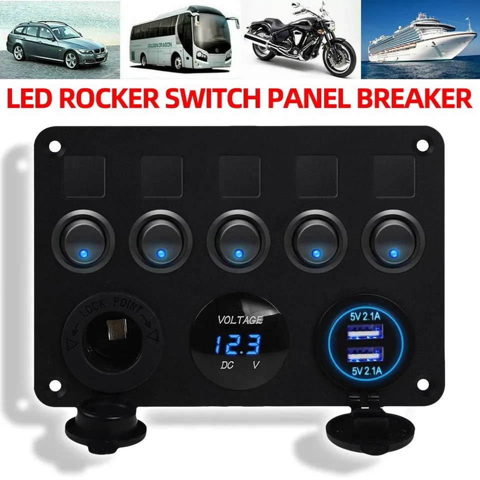 Support Pan European：12V/24V Car Boat 5-Gang LED Switch Panel Switch Panel Voltmeter Dual USB