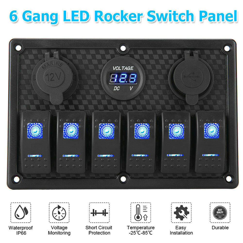 6 Gang 12V S Witch Panel LED Light Rocker Circuit Breaker For Car RV Boat Marine