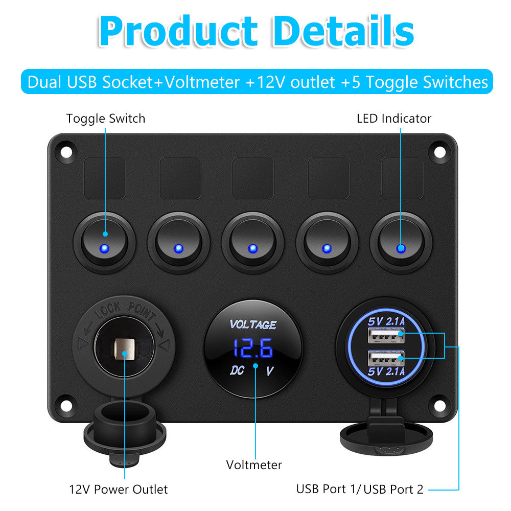 12V  Panel USB Charger 5 GANG ON-OFF Toggle LED Rocker For Car Boat Marine