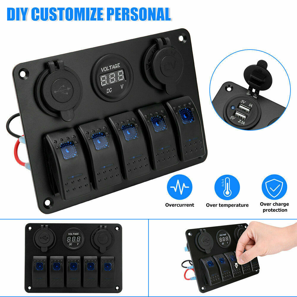 6 Gang 12V S Witch Panel LED Light Rocker Circuit Breaker For Car RV Boat Marine