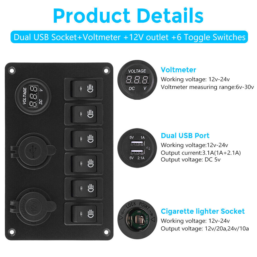 12V Car Boat Marine S Witch Panel 6 Gang LED Light ON OFF Rocker Toggle Control