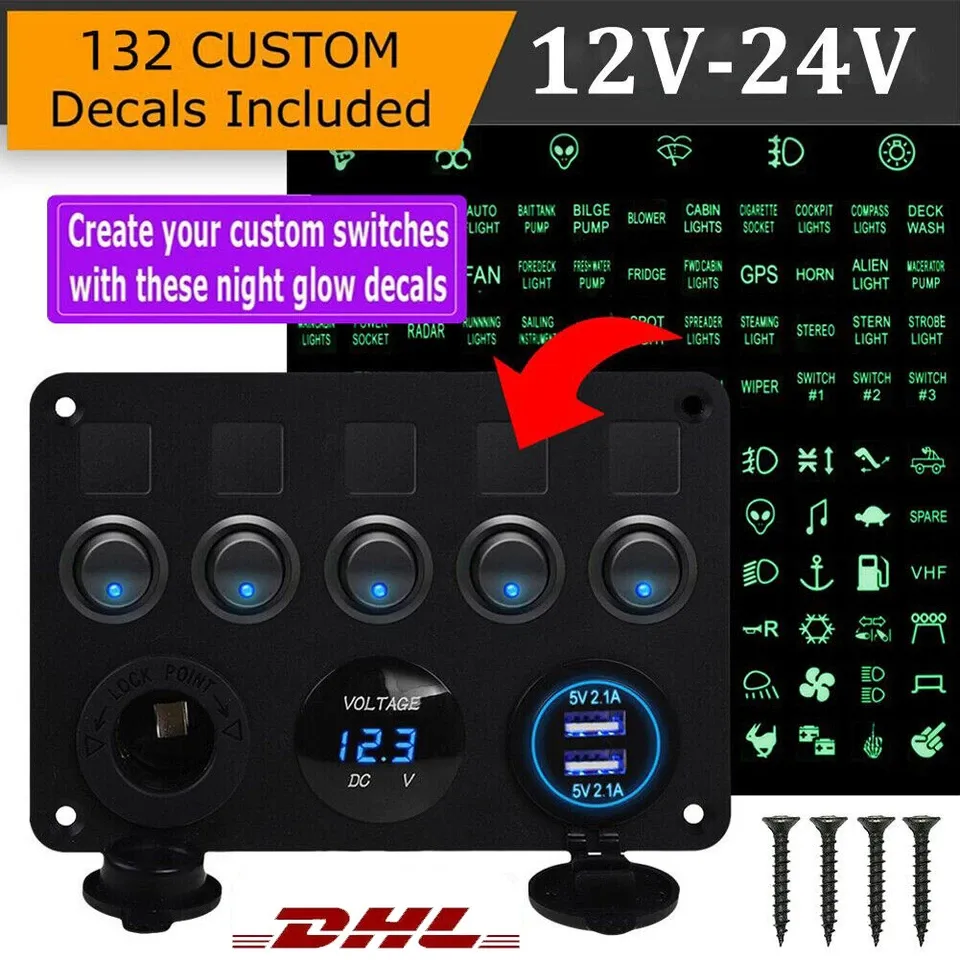 Support Pan European：12V/24V Car Boat 5-Gang LED Switch Panel Switch Panel Voltmeter Dual USB